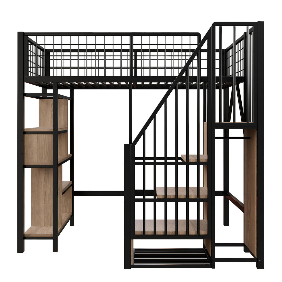 HOCHBETT 90/200 cm Schwarz aus Metall und Holzwerkstoff mit Stauraumtreppe - Schwarz, Metall (90/200cm) - OKMYHOME