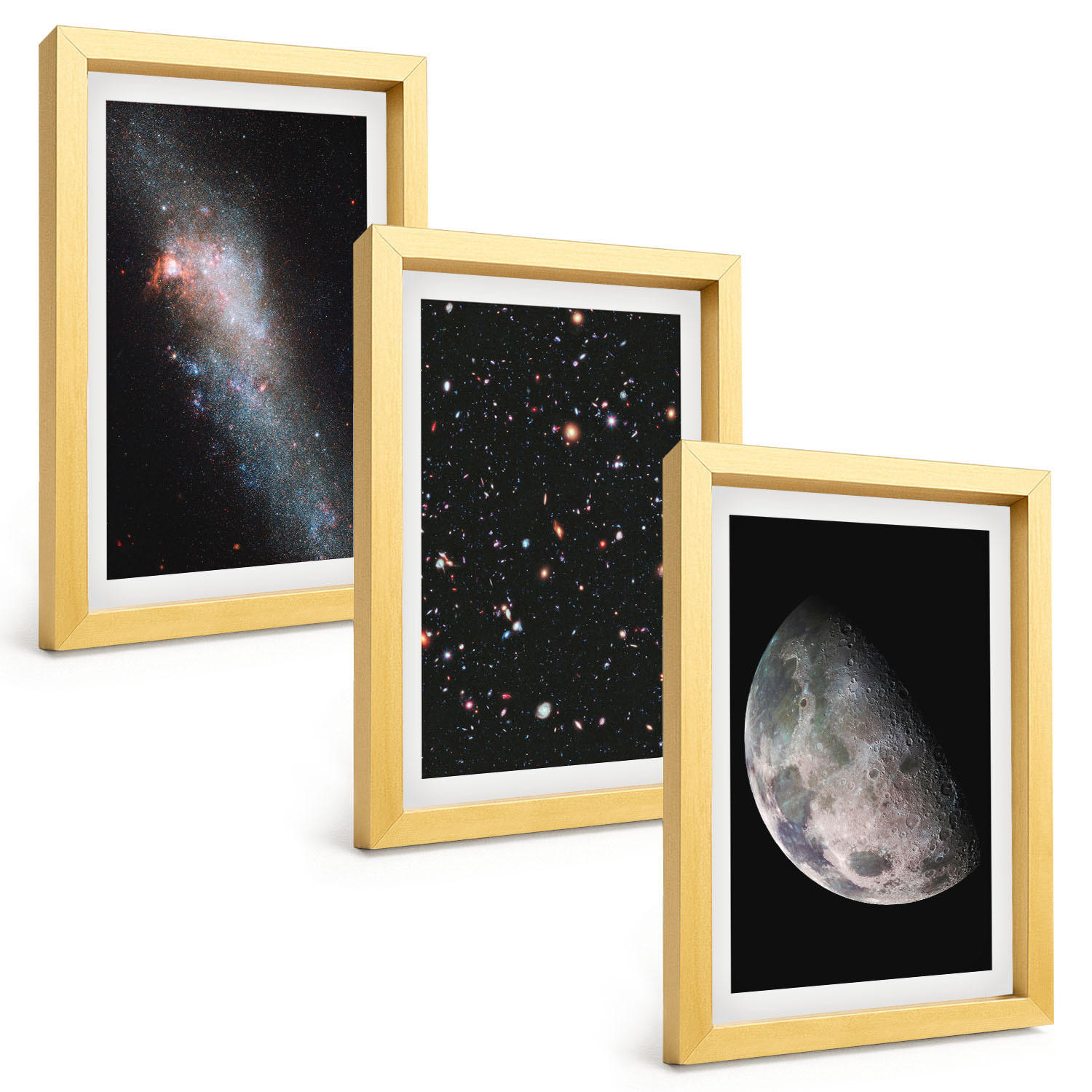 BILDER SET 3er Set - 20x30 cm Goldrahmen - Weltraum Galaxien Sterne Mond - Goldfarben, Kunststoff (20/30cm) - TULUP