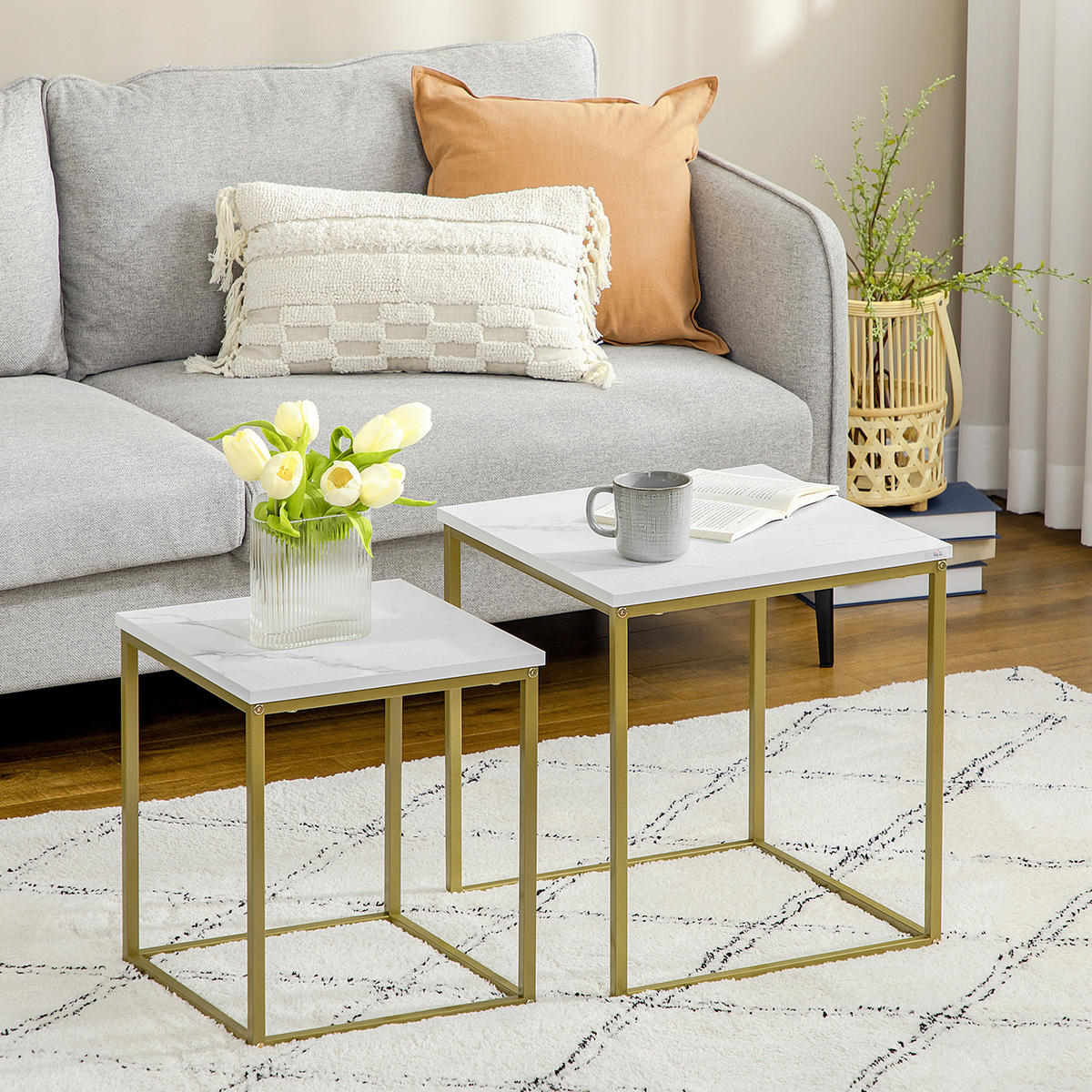 METALL-COUCHTISCH-SET, Spanplatte - Goldfarben/Weiß, Metall (45/45/50cm) - HOMCOM