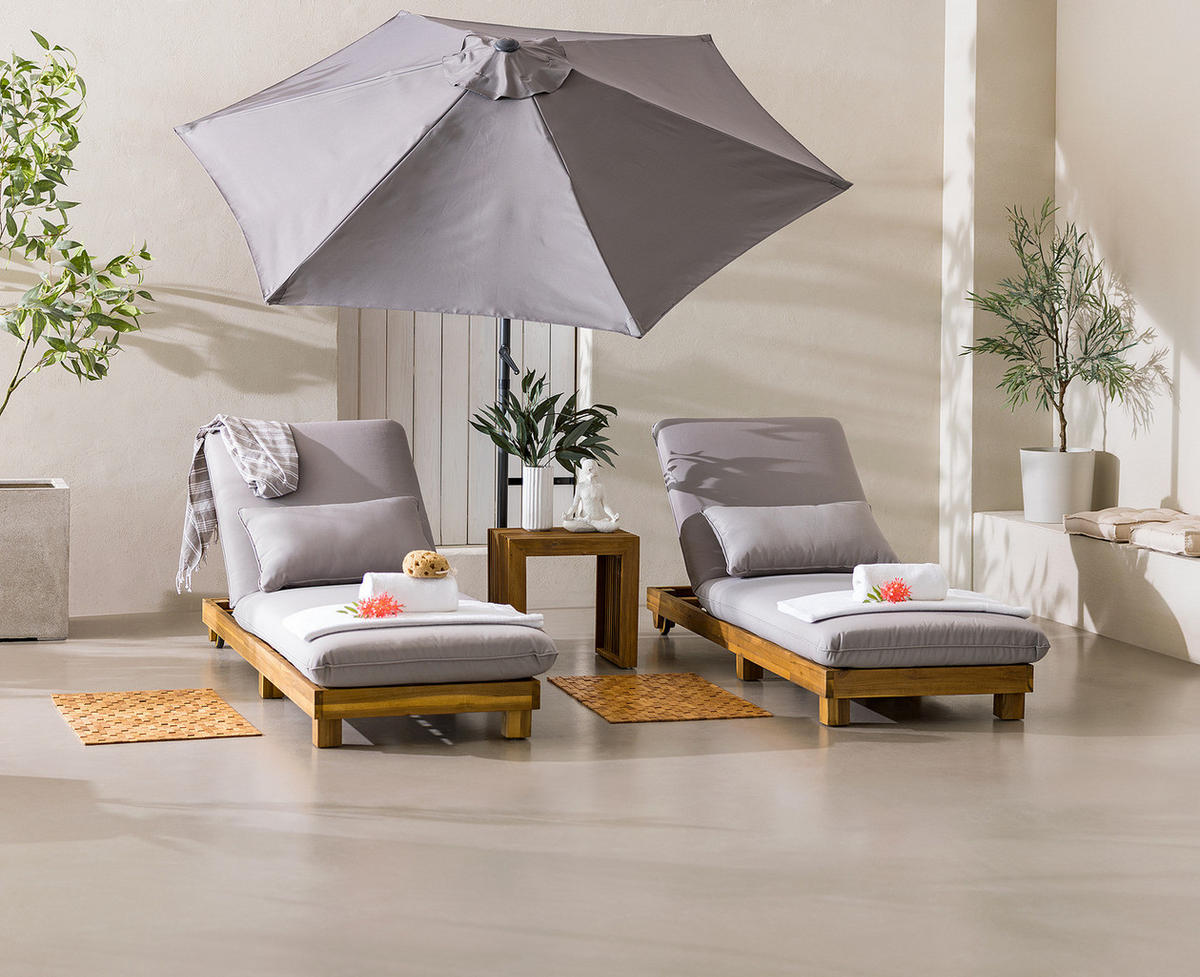 GARTENLIEGE - Akazie massiv / Polyester - Braun / Grau - Verstellbar - Braun/Grau, Holz/Textil (200/32/65cm) - home24