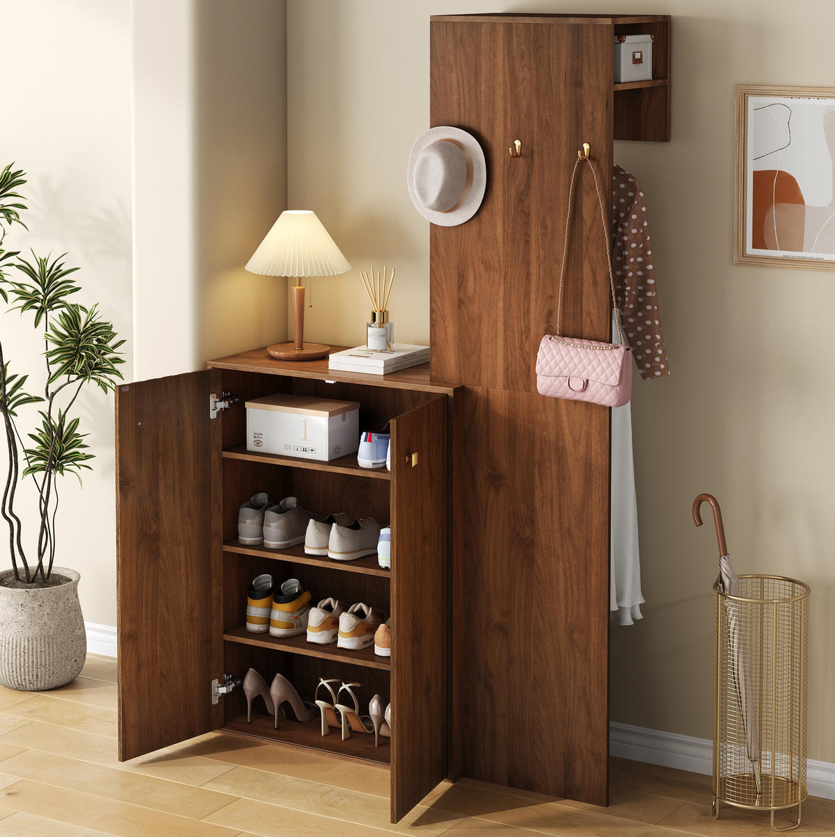 KOMPAKTGARDEROBE 115/38,5/191,5 cm mit Schuhschrank, Kleiderstange und verstellbaren Einlegeböden, Nussbaum - Walnussfarben, Holzwerkstoff (115/191.5/38.5cm) - Redom