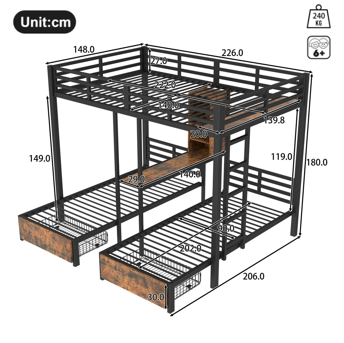 ETAGENBETT 140/200 cm und 90/200 cm Schwarz mit 2 Schubladen und Stauraum - Schwarz, Holzwerkstoff (140/200cm) - OKWISH