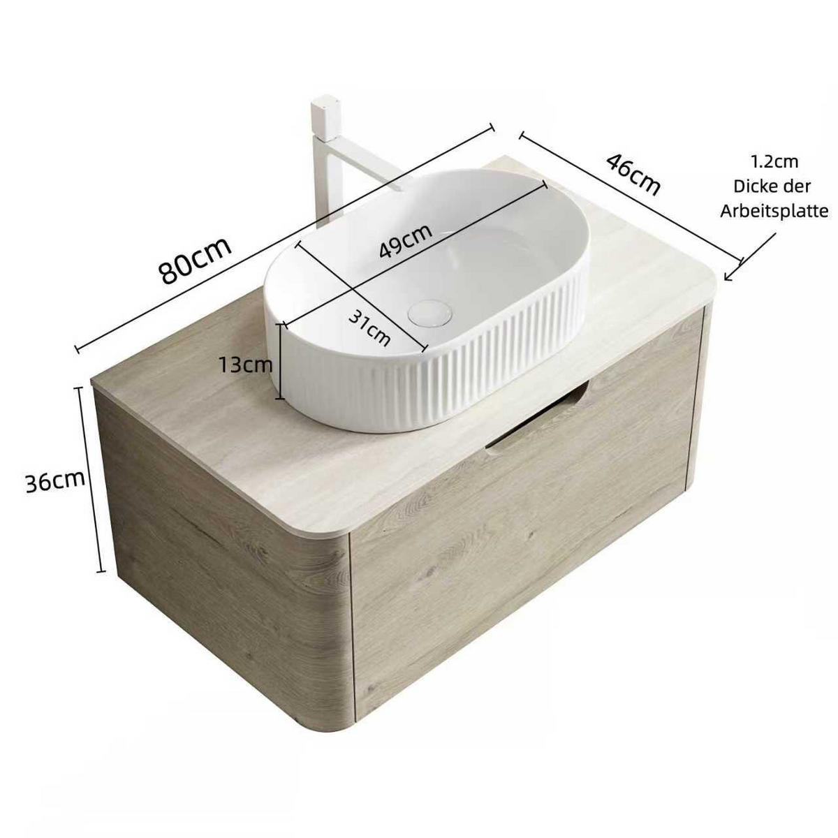 WASCHTISCHUNTERSCHRANK 80x46x50.2cm Beige/Weiß mit ovalem Keramikbecken & Travertin-Arbeitsplatte - Creme, Keramik (80/50.2/46cm) - Modfu