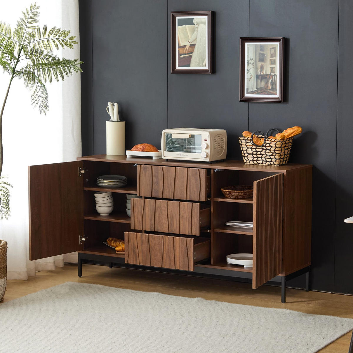 SIDEBOARD aus MDF und PB 150x40x80 cm Dunkelbraun mit Schubladen und verstellbaren Einlegeböden - Naturfarben, Holzwerkstoff (150/80/40cm) - IVMEU