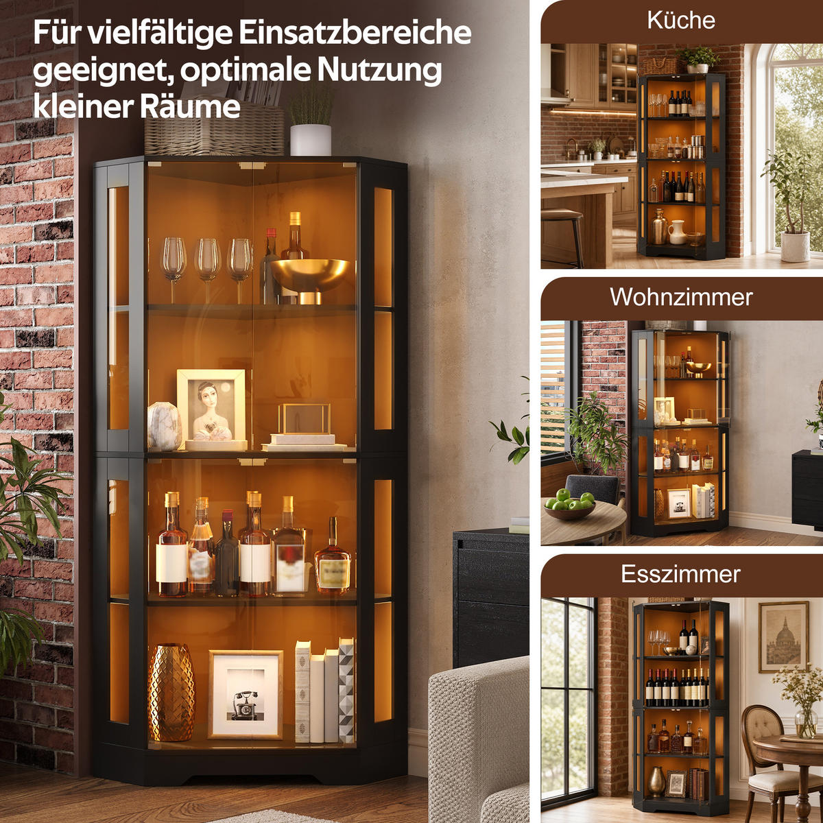 GESCHIRRSCHRANK 165 cm MDF Schwarz mit RGB-LED und Glastüren - Schwarz, Holzwerkstoff (40/165/40cm) - Korfee