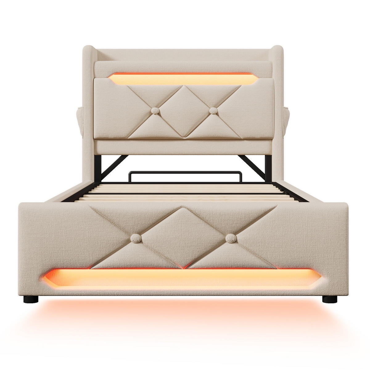 BETT mit LED, USB und Stauraum 90x200 cm Leinen Beige - Beige, Metall (90/200cm) - Meubliv
