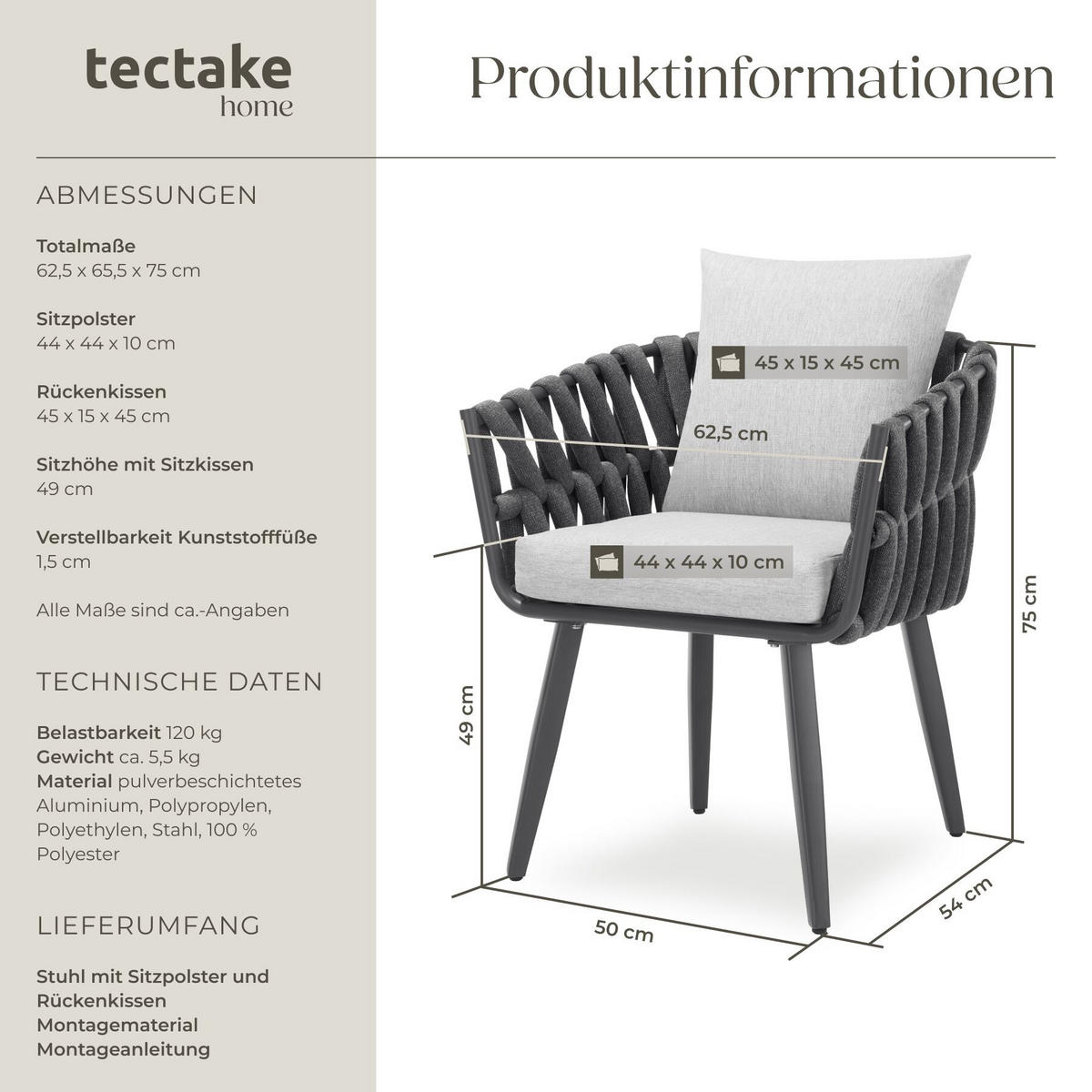 STUHL Lugano im Rope-Design,Aluminium anthrazit,61 x 60 x 73 cm - Dunkelgrau/Anthrazit, Kunststoff/Metall (62.5/75/65.5cm) - tectake
