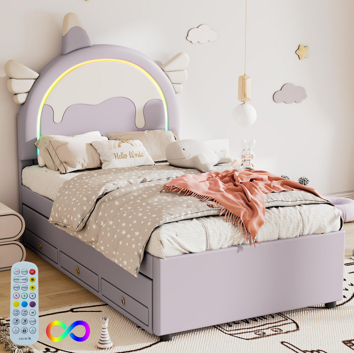 KINDERBETT 90/200 cm in Violett mit Ausziehbett und Einhorn-Design - Violett, Kunststoff (90/200cm) - Flora Grace