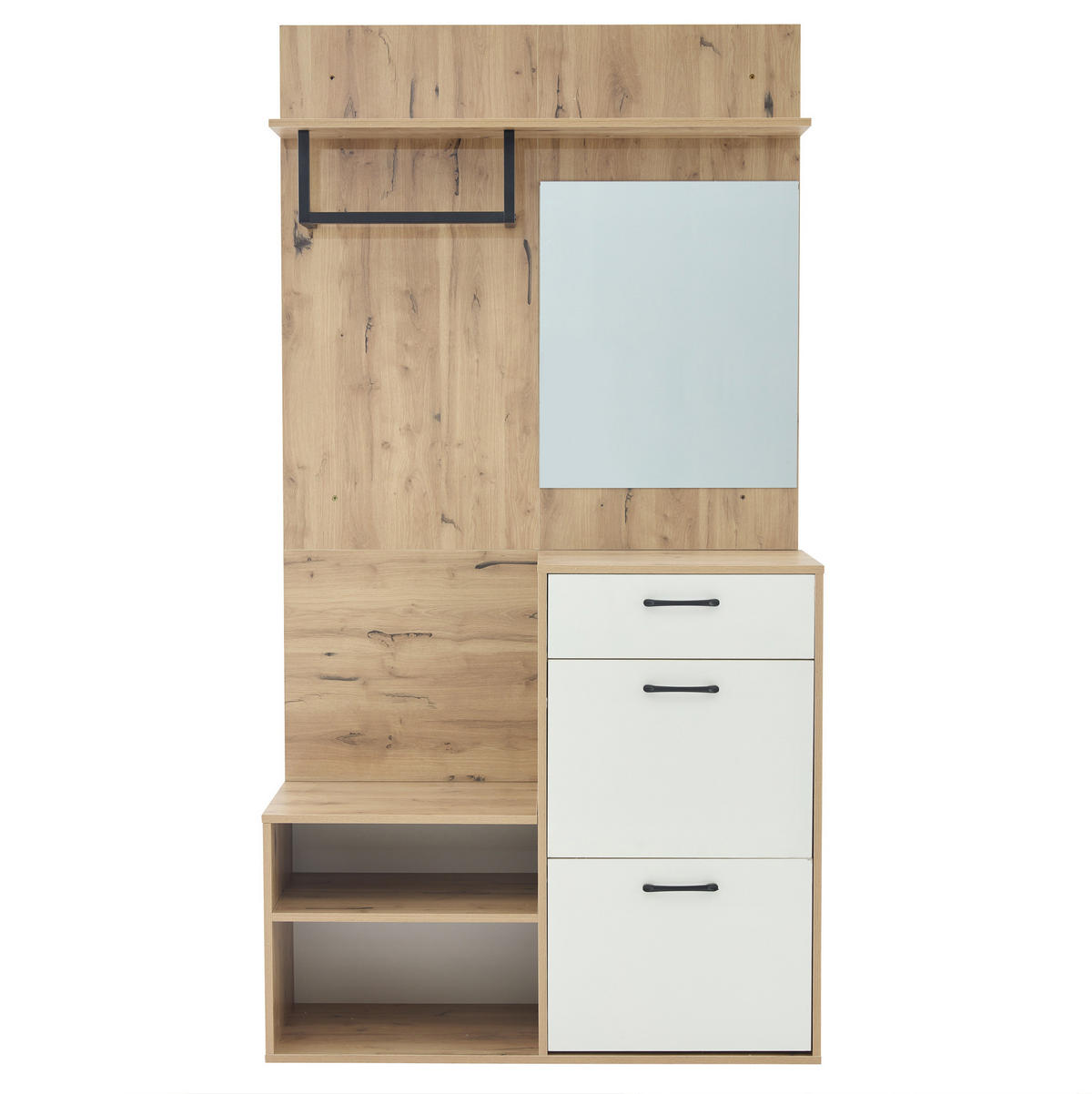 DIELENGARDEROBE mit Spiegel und Sitzbank 100/38,5/190 cm in Weiß/Natur - Weiß, Holzwerkstoff (100/190/38.5cm) - BEAOK