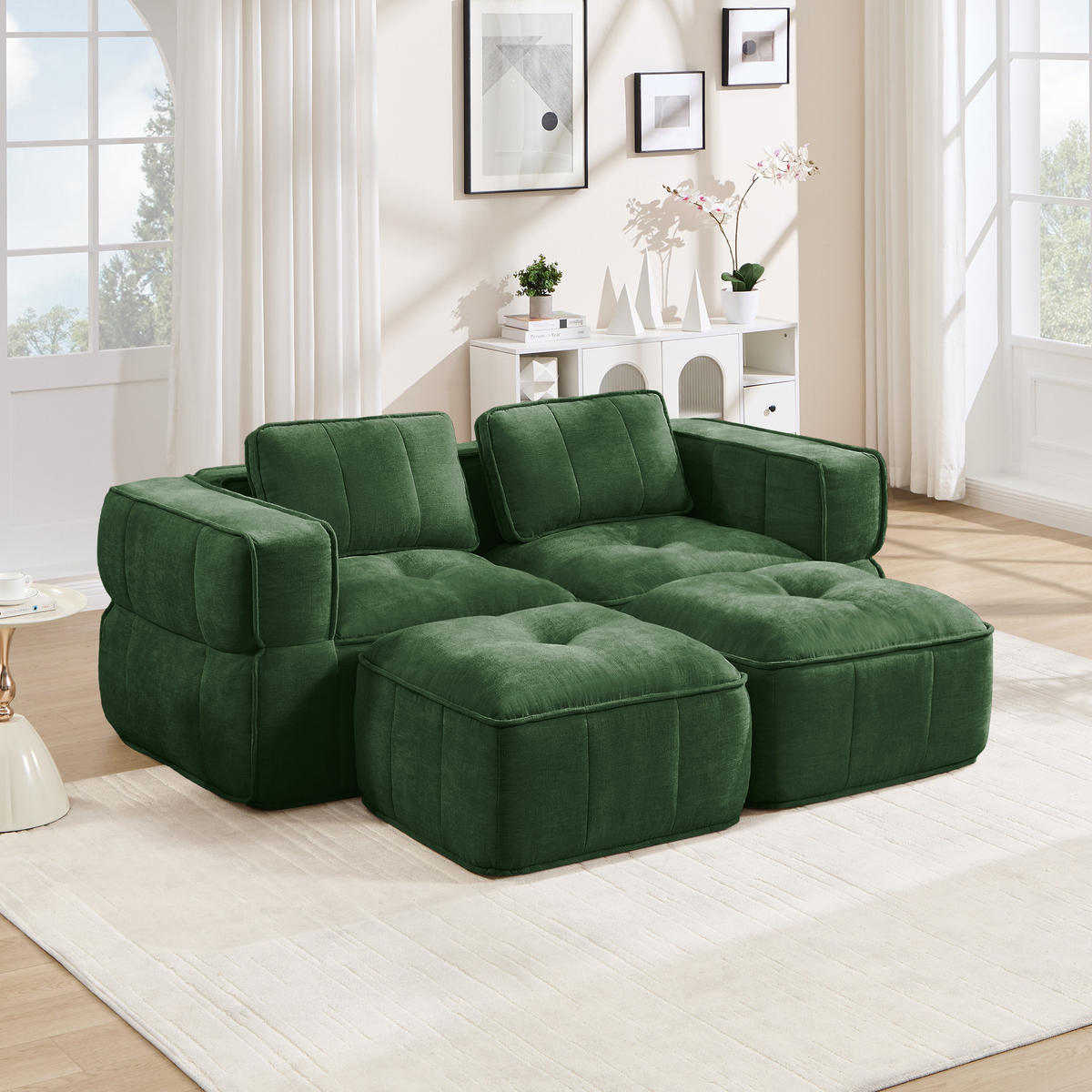 2-SITZER-SOFA DE-34428 modular mit 2 Hockern Grün - Grün, Textil (162/67/198cm) - ComfortXL