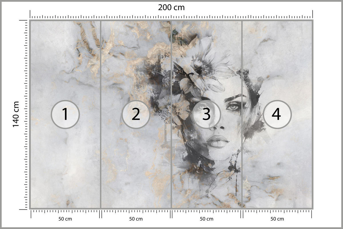 FOTOTAPETE für Wohnzimmer Frau Porträt Beton Blumen Modern 200x140 - Beige/Schwarz, Papier (200/140cm) - Muralo