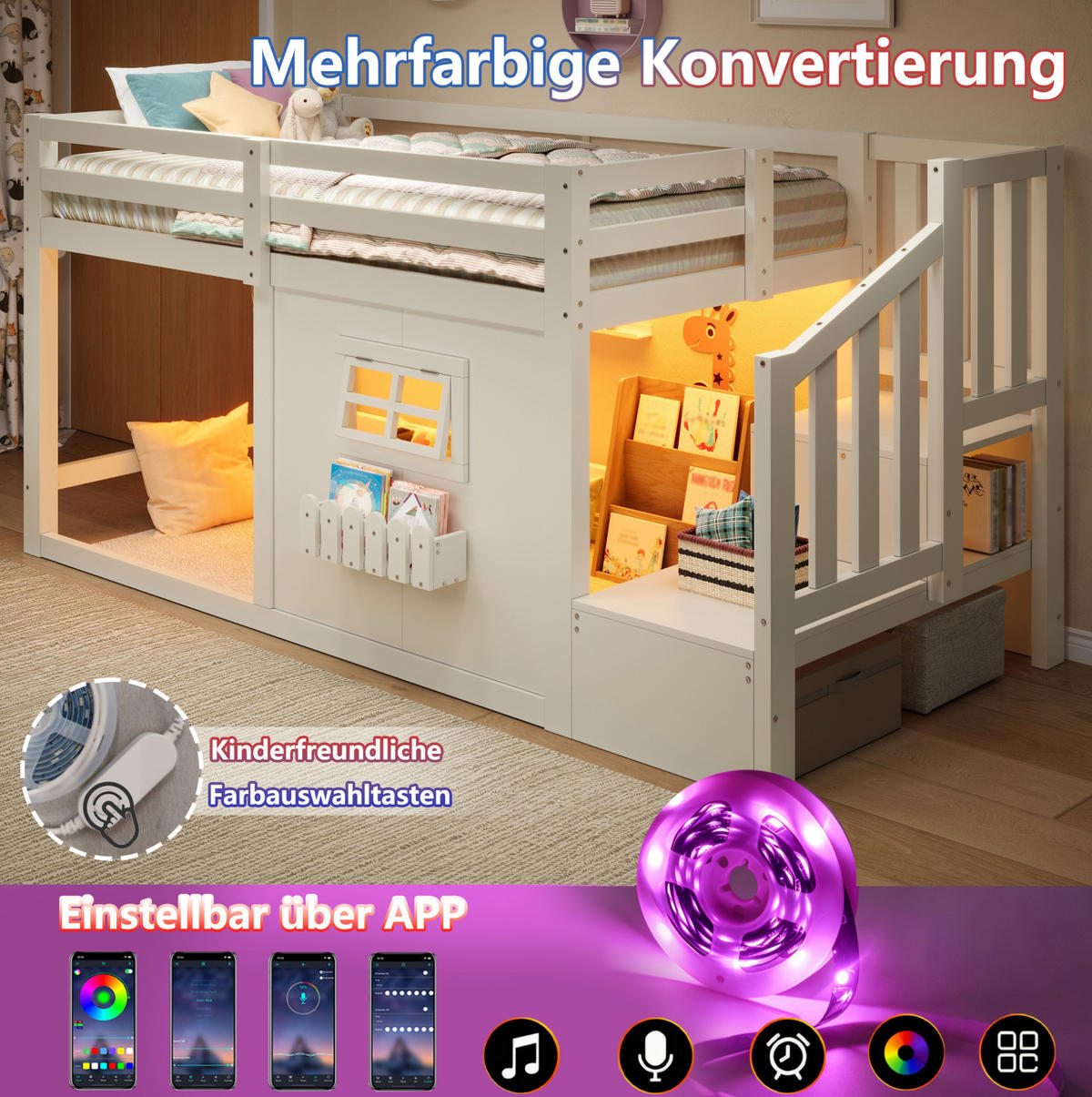 HOCHBETT aus Kiefernholz und MDF 90x200 cm Weiß mit Stauraumtreppe, Fenster und LED-Beleuchtung - Weiß, Holzwerkstoff (90/200cm) - Modfu