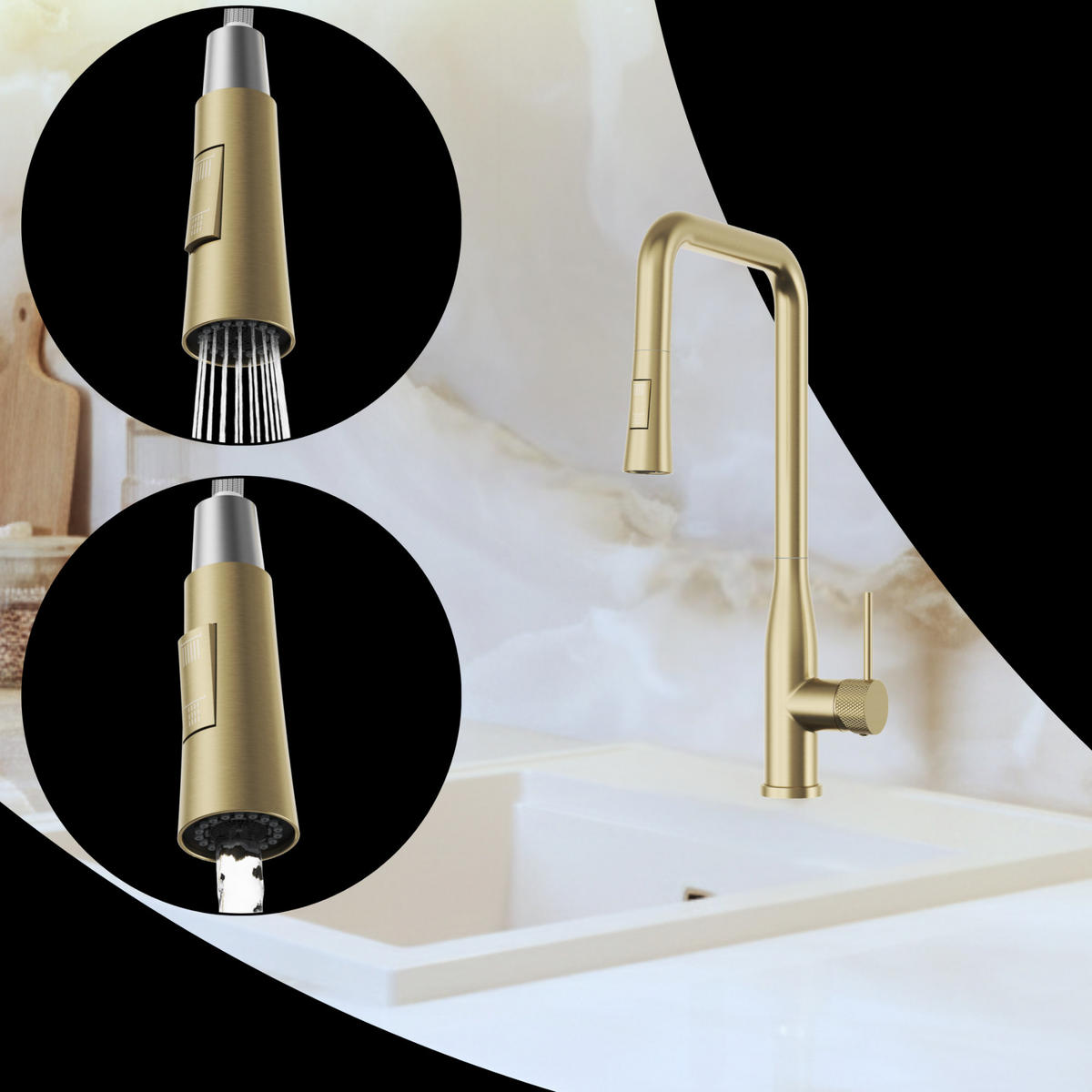 KÜCHENARMATUR Vector Gebürstetes Gold mit Ausziehbrause 2 Funktionen 1-tlg. - Chromfarben, Metall (27/46/27cm) - Granitan