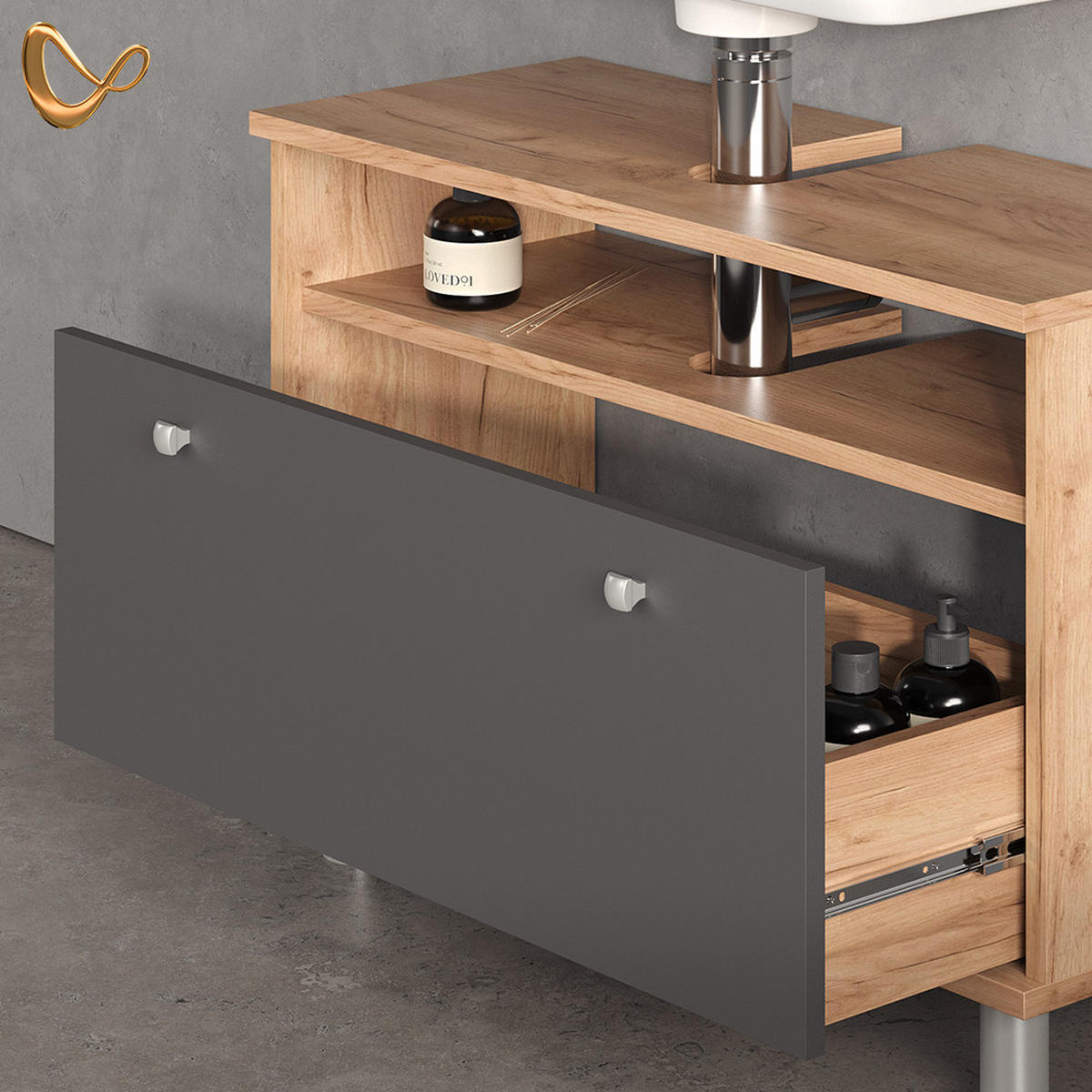 WASCHBECKENUNTERSCHRANK Fucino Goldkraft Eiche/Anthrazit 80.2 x 54 cm mit Schublade - Anthrazit/Eiche Wotan, Holzwerkstoff (80.2/54/32cm) - Livinity®