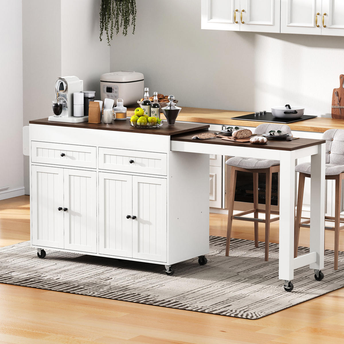 KÜCHENINSEL 112-180.5x45x92.2 cm Weiß mit Ausziehplatte & Rollen - Weiß, Holzwerkstoff (180.5/92.2/45cm) - Modfu