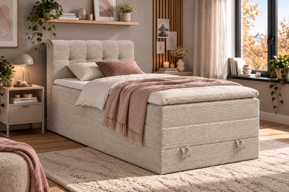 BOXSPRINGBETT JUNG 2 100/200 Cord Ecru mit Matratzen H3 + H4 - Ecru, Holz/Holzwerkstoff (100/200cm) - Deine Möbel 24