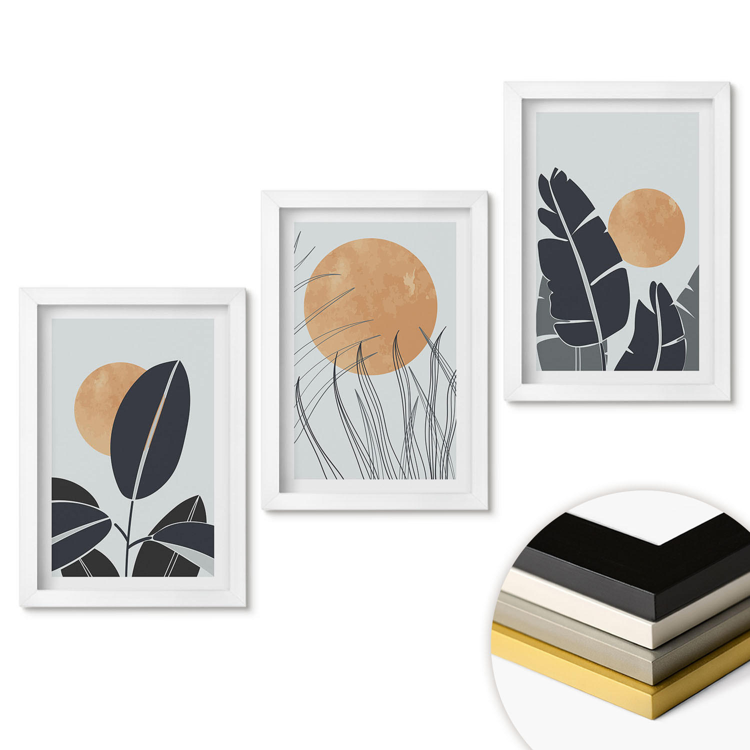 WANDBILDER 3er-Set - 20x30 cm Weißer Rahmen - Pflanzenmuster große Sonnen minimalistisch - Weiß, Kunststoff (20/30cm) - ArtPrintCave