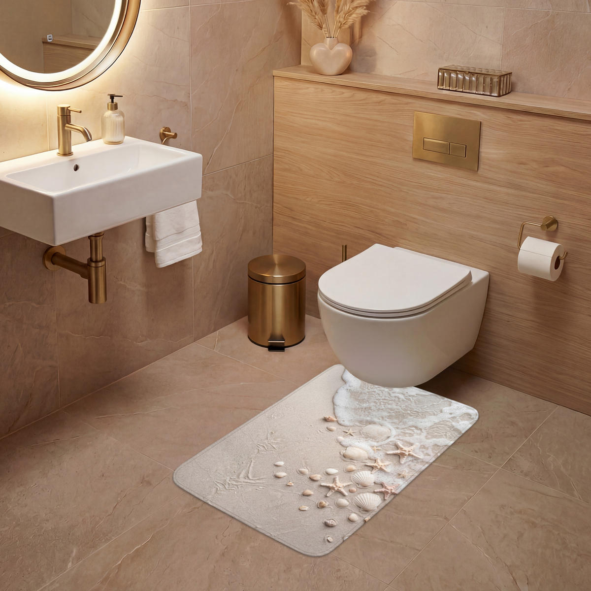 WC-VORLEGER Muscheln - Seesterne - Strand WC Teppich 50x80 cm - Sandfarben, Kunststoff/Textil (50/1cm) - OnlyWow