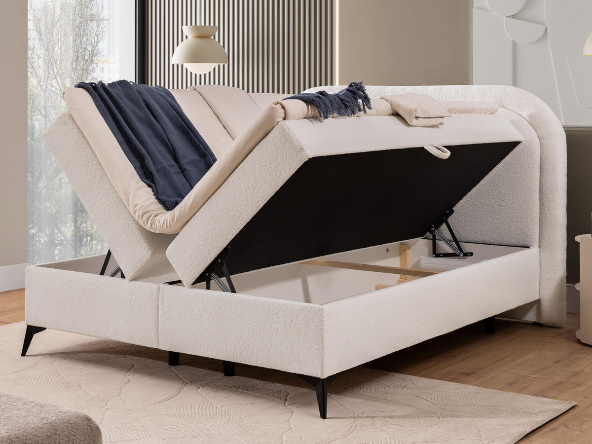BOXBETT Sonna 140/200 cm Weiß Bouclé-Stoff mit abgerundetem Kopfteil und mit schwarzen Metallfüße - Schwarz/Weiß, Holz/Textil (140/200cm) - S-Style Möbel