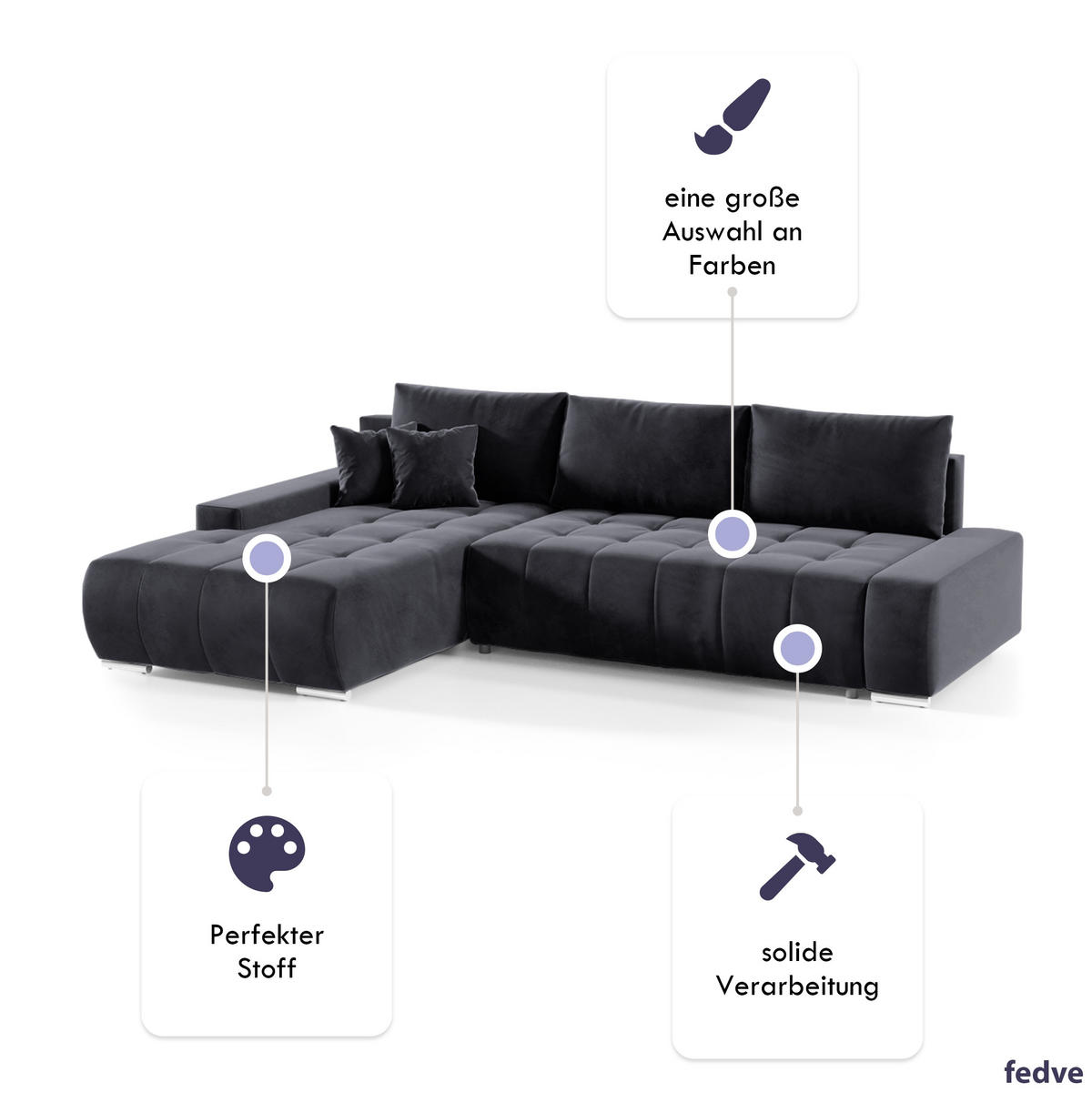 ECKSOFA mit Schlaffunktion Dhaka L Dunkelgrau - Graphitfarben, Textil (185/265cm) - Fedve