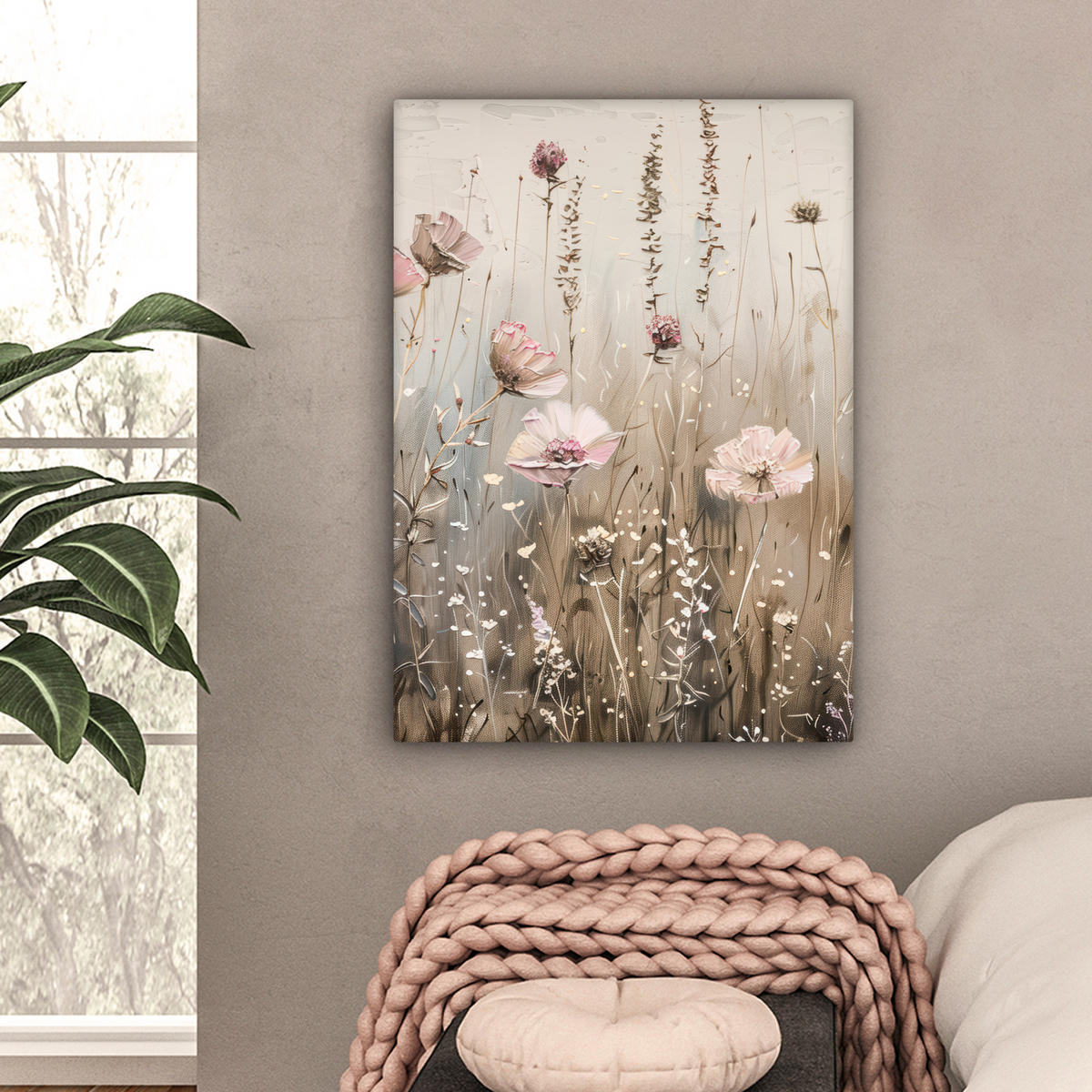 LEINWANDBILD Blumen - Rosa - Modern - Beige 60x80 cm - Beige, Textil (60/80cm) - MuchoWow