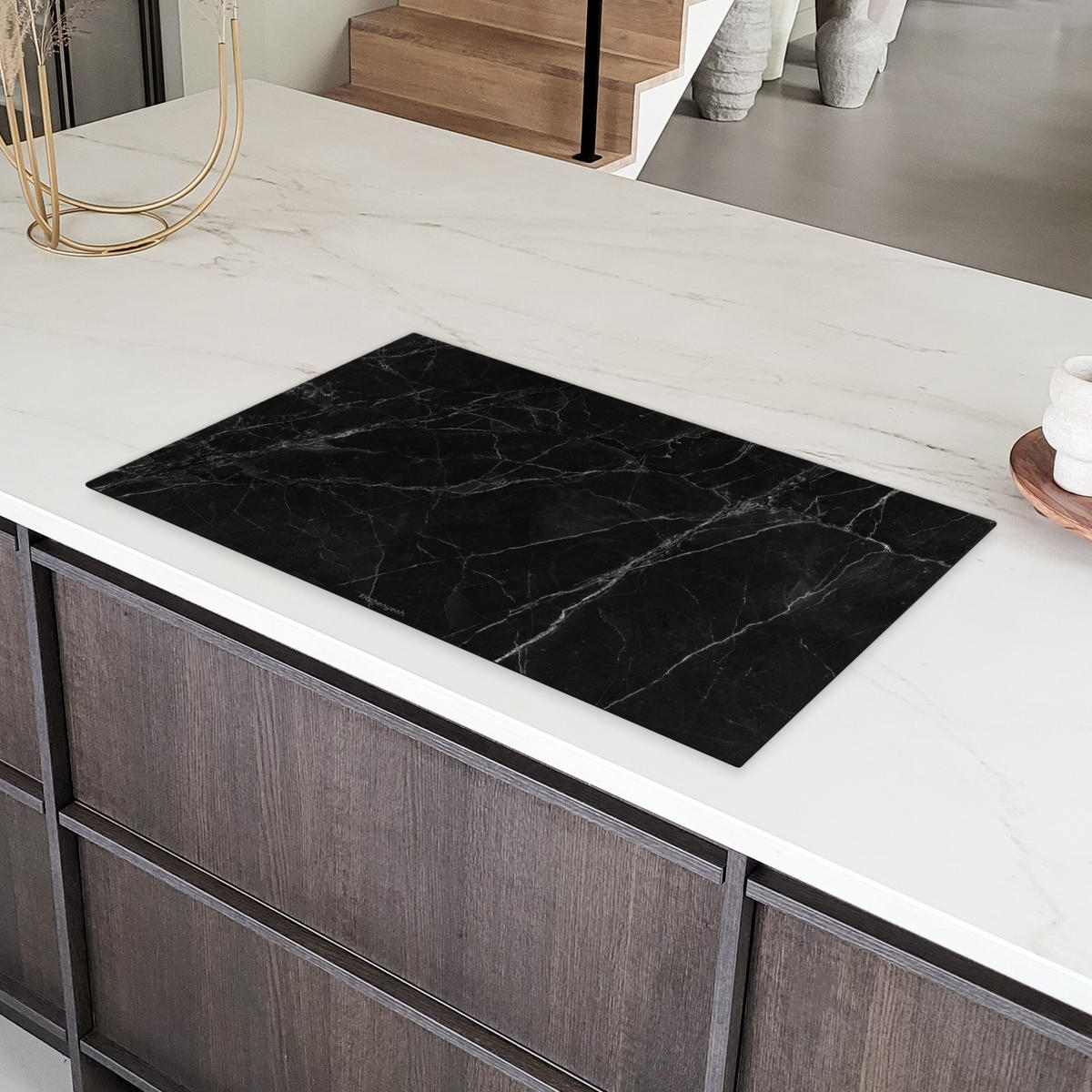 HERDABDECKPLATTE Schwarz - Marmor 90x52 cm - Schwarz, Kunststoff (90/52/0.2cm) - MuchoWow