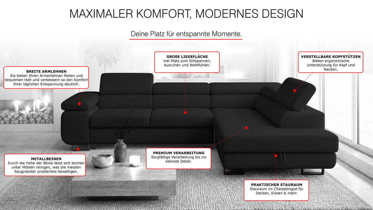 ECKSOFA Velmo mit Bettkasten und Schlaffunktion, verstellbaren Kopfstützen, in L-Form - Dunkelgrau, Textil (275/203cm)