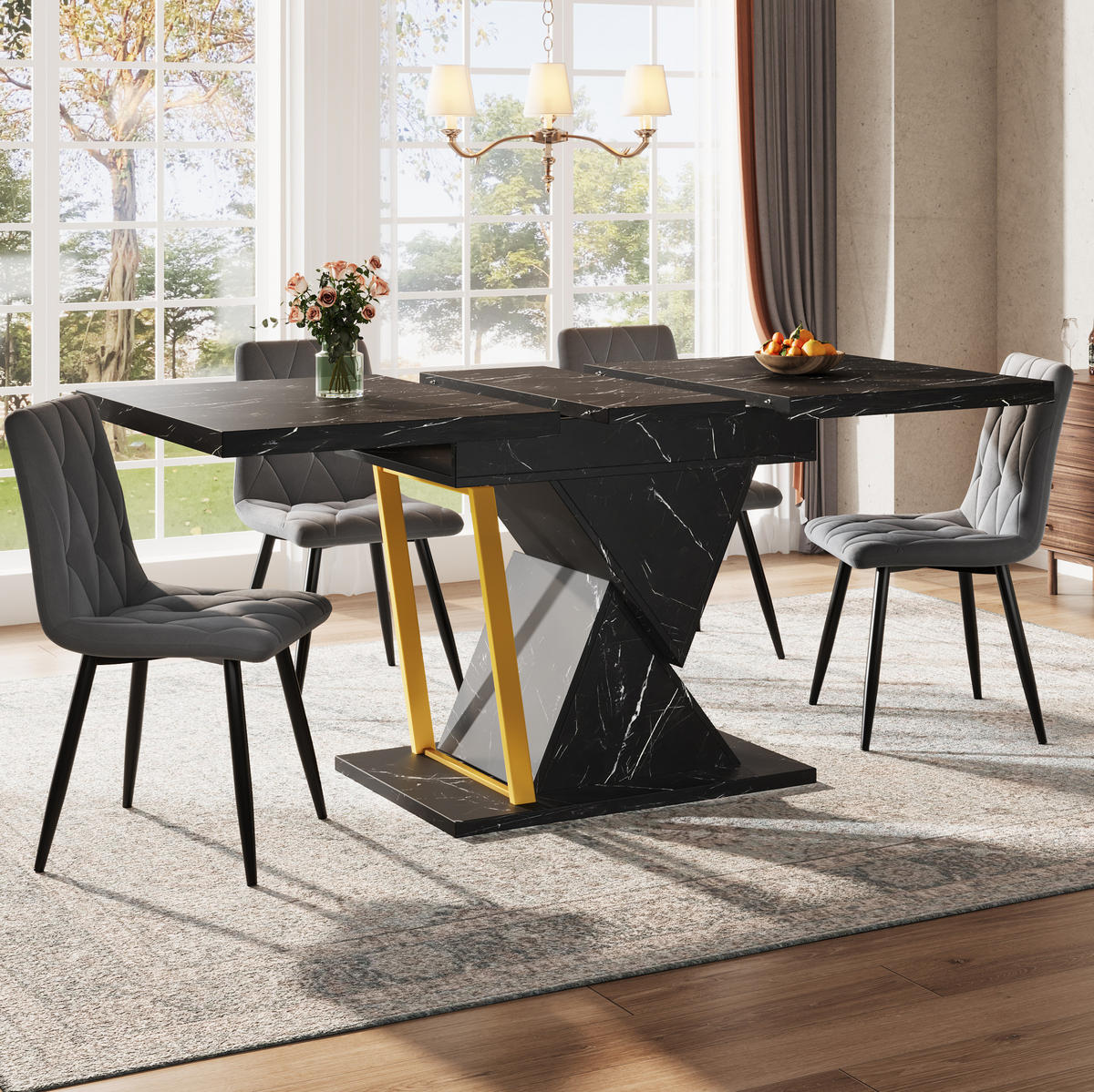AUSZIEHBARER Esstisch, MDF in Marmoroptik mit Metallgestell, 110–140/80/76 cm, Schwarz - Schwarz, Holzwerkstoff (110/80/76cm) - Redom