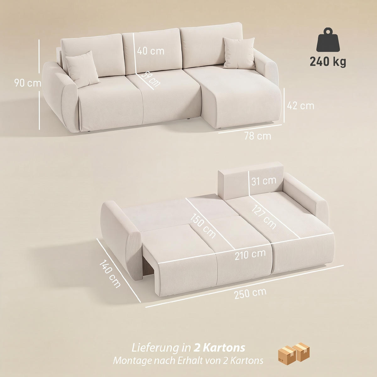 SCHLAFSOFA Veloursbezug Cremeweiß - Creme/Weiß, Holzwerkstoff/Kunststoff (140/90/250cm) - HOMCOM