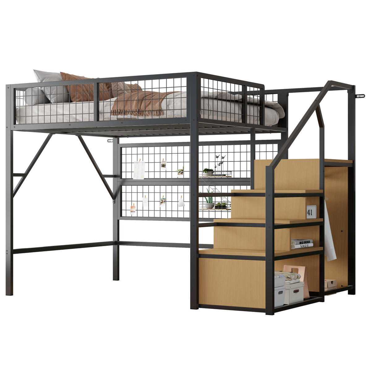 HOCHBETT 140/200 cm Schwarz mit LED-Beleuchtung und integriertem Stauraum aus Metall - Schwarz, Metall (140/200cm) - OKWISH