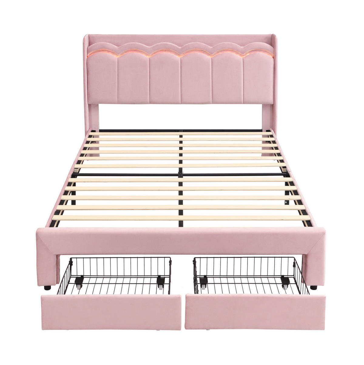 KINDER-POLSTERBETT aus Samt 140x200 cm Rosa mit Schubladen, Ablagefläche und App-LED-Beleuchtung - Pink, Textil (140/200cm) - Modfu