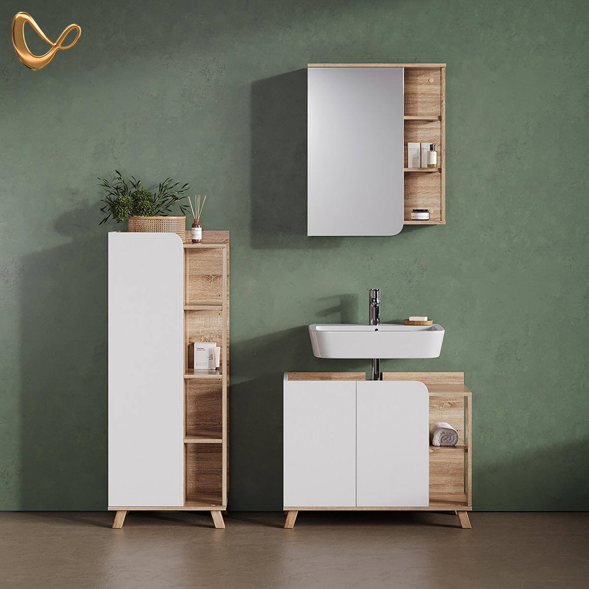 ZRCALNA OMARICA Marano, Sonoma/Bela, 60 x 75 cm z 2 predaloma - bela/hrast sonoma, leseni material (60/75/20cm) - Livinity®