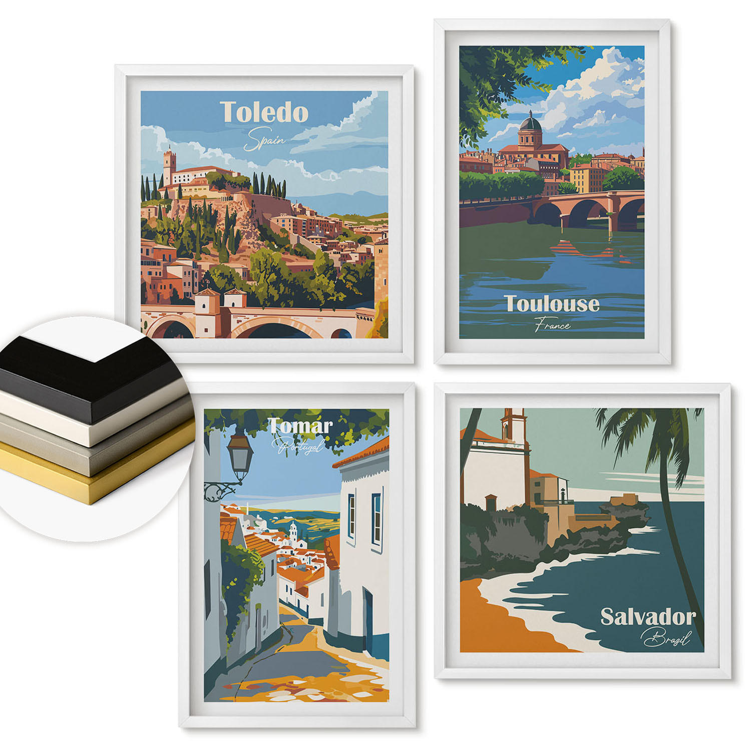 WANDBILDER 4er-Set - 50x50 cm & 40x60 cm Weißer Rahmen - Retro-Stadtgrafiken - Weiß, Kunststoff (50/50cm) - ArtPrintCave