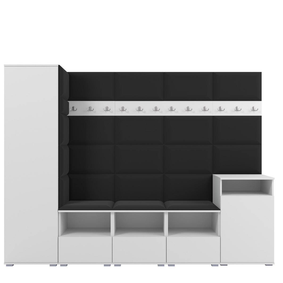 GARDEROBE NELA XI 250 cm (Modulare Flurmöbel Weiß mit Sitzpolster Schwarz 16 Großes Set) - Silberfarben/Schwarz, Holz/Holzwerkstoff (250/187/40cm) - Ravio