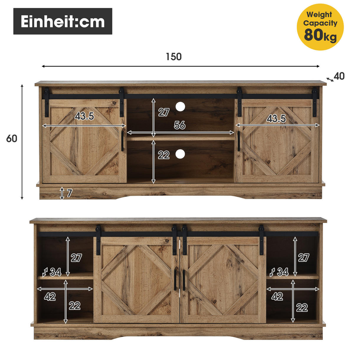 TV-SCHRANK mit Schiebetüren 150 x 40 x 60 cm Braun Holzwerkstoff - Braun, Holzwerkstoff (40/60/150cm) - Beauniv