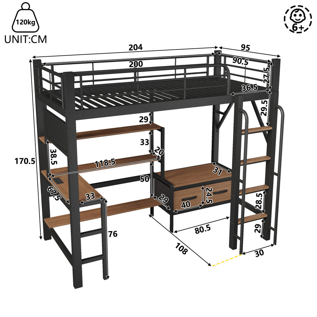 HOCHBETT aus Stahl und MDF 90x200 cm Schwarz mit Schreibtisch, LED-Beleuchtung und Stauraum - Schwarz, Holzwerkstoff (90/200cm) - Modfu