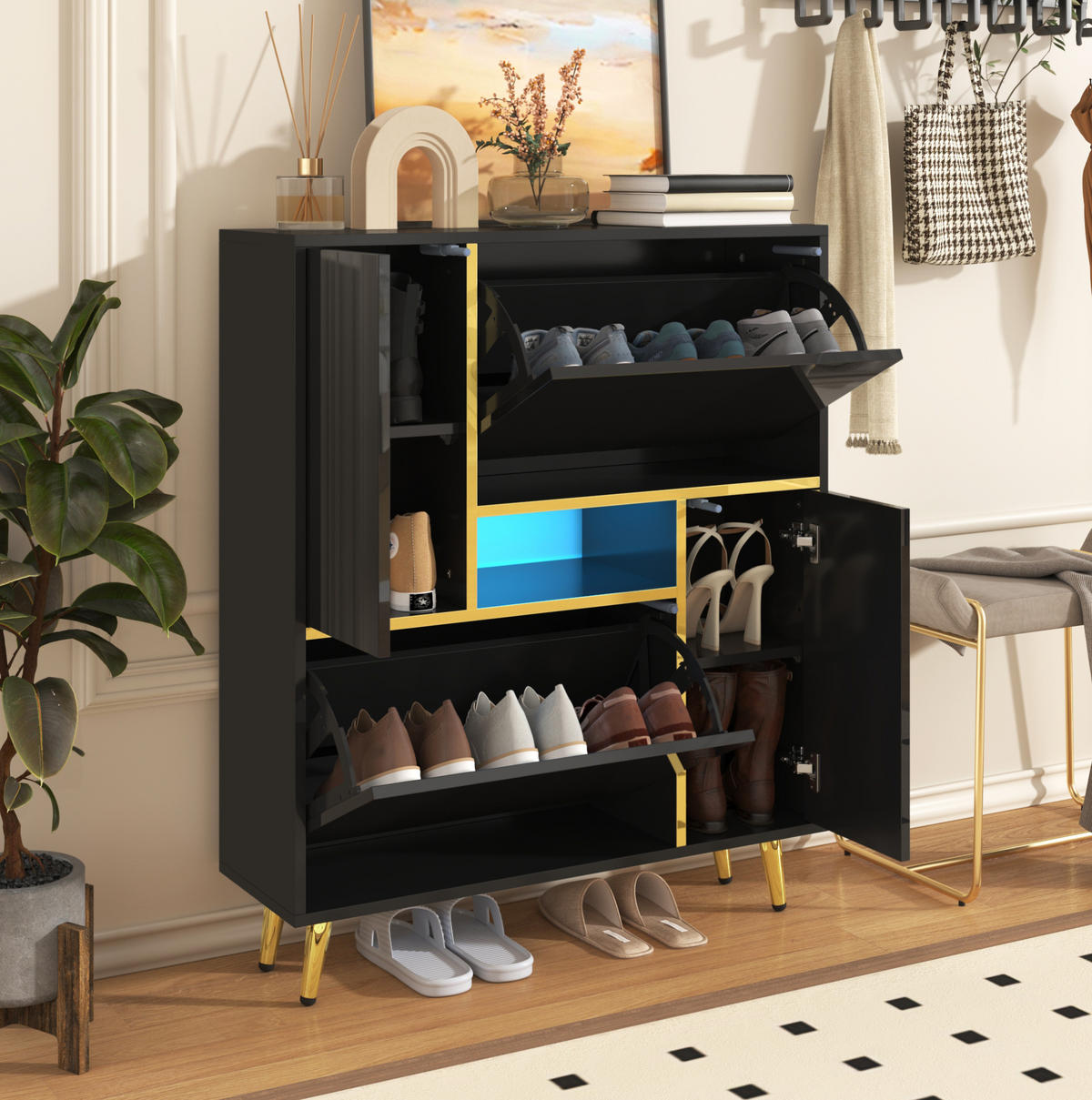 SCHUHSCHRANK 80/25/96 cm in Schwarz mit Hochglanzfront und LED-Beleuchtung - Schwarz, Holzwerkstoff (80/96/25cm) - Flora Grace