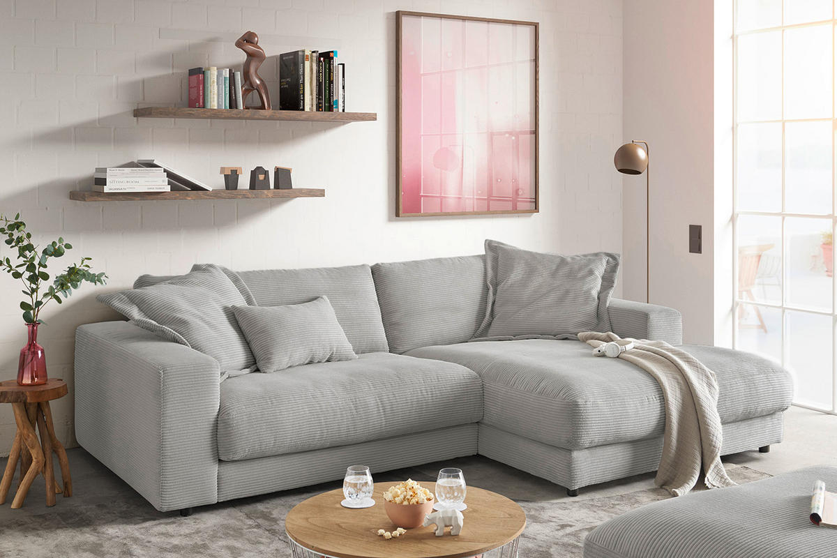 ECKSOFA MADELINE Steingrau Cord - Schwarz/Grau, Kunststoff/Textil (270/190cm) - KAWOLA