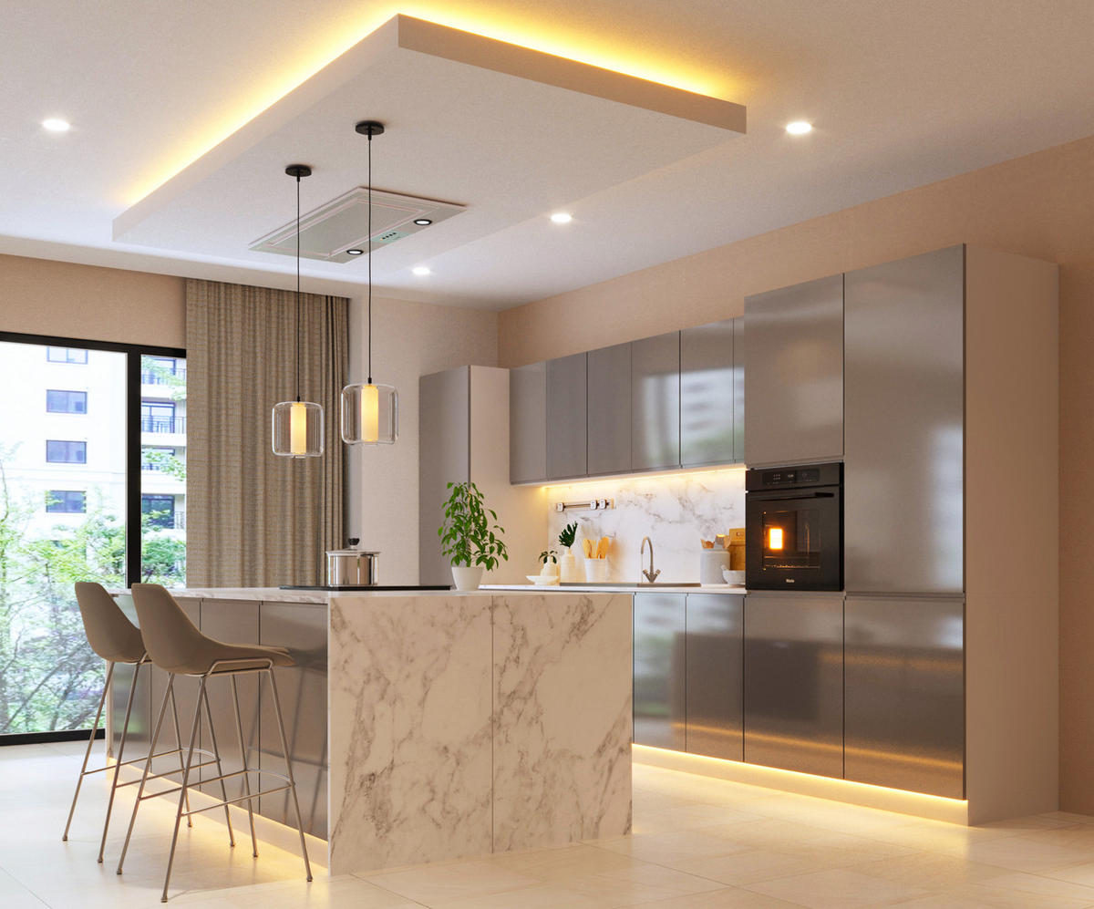 INSELKÜCHE-KÜCHENZEILE 420 cm Glanzia – KU-S14 – Grau – Hochglanz - Grau, Holzwerkstoff (420/212/60cm)