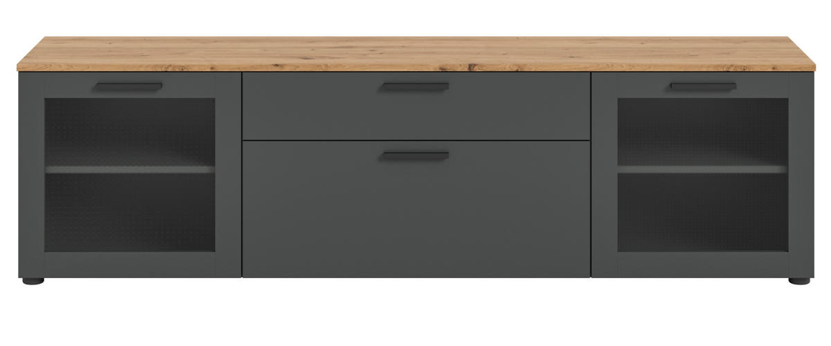 TV-LOWBOARD grau, Eiche 185 cm, TV-Unterteil mit Soft-Close - Schwarz/Eiche Artisan, Glas/Holzwerkstoff (185/52/40cm) - Inn.Furn