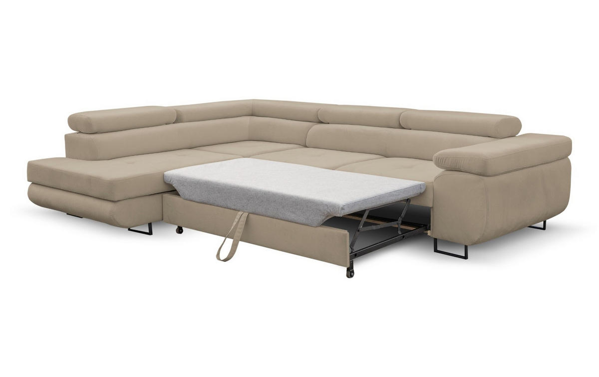 ECKSOFA Jerry in L-Form mit Schlaffunktion und Bettkasten, Farbe: Beige, Veloursstoff, Ottomane Links - Beige, Textil (202/275cm) - VENASI MÖBEL