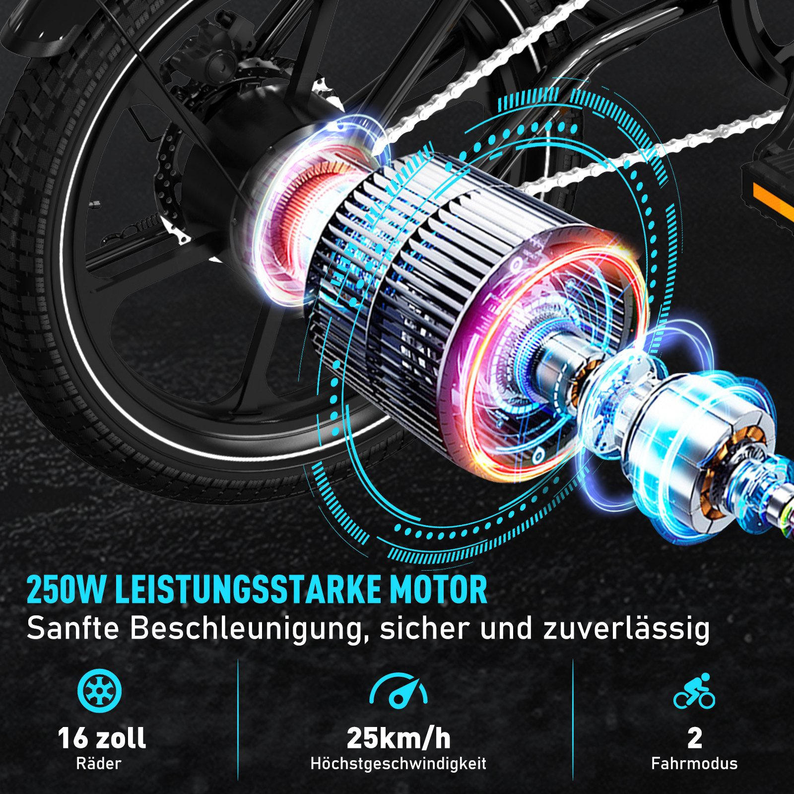 E-BIKE BK35S Klapprad 16 Zoll APP, Max. 25km/h - Schwarz, Metall (42cm) - HITWAY