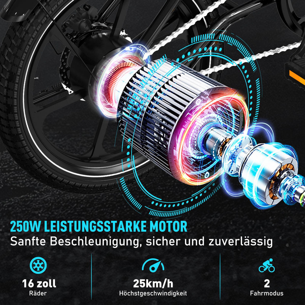 E-BIKE BK35S Klapprad 16 Zoll APP, Max. 25km/h - Schwarz, Metall (42cm) - HITWAY