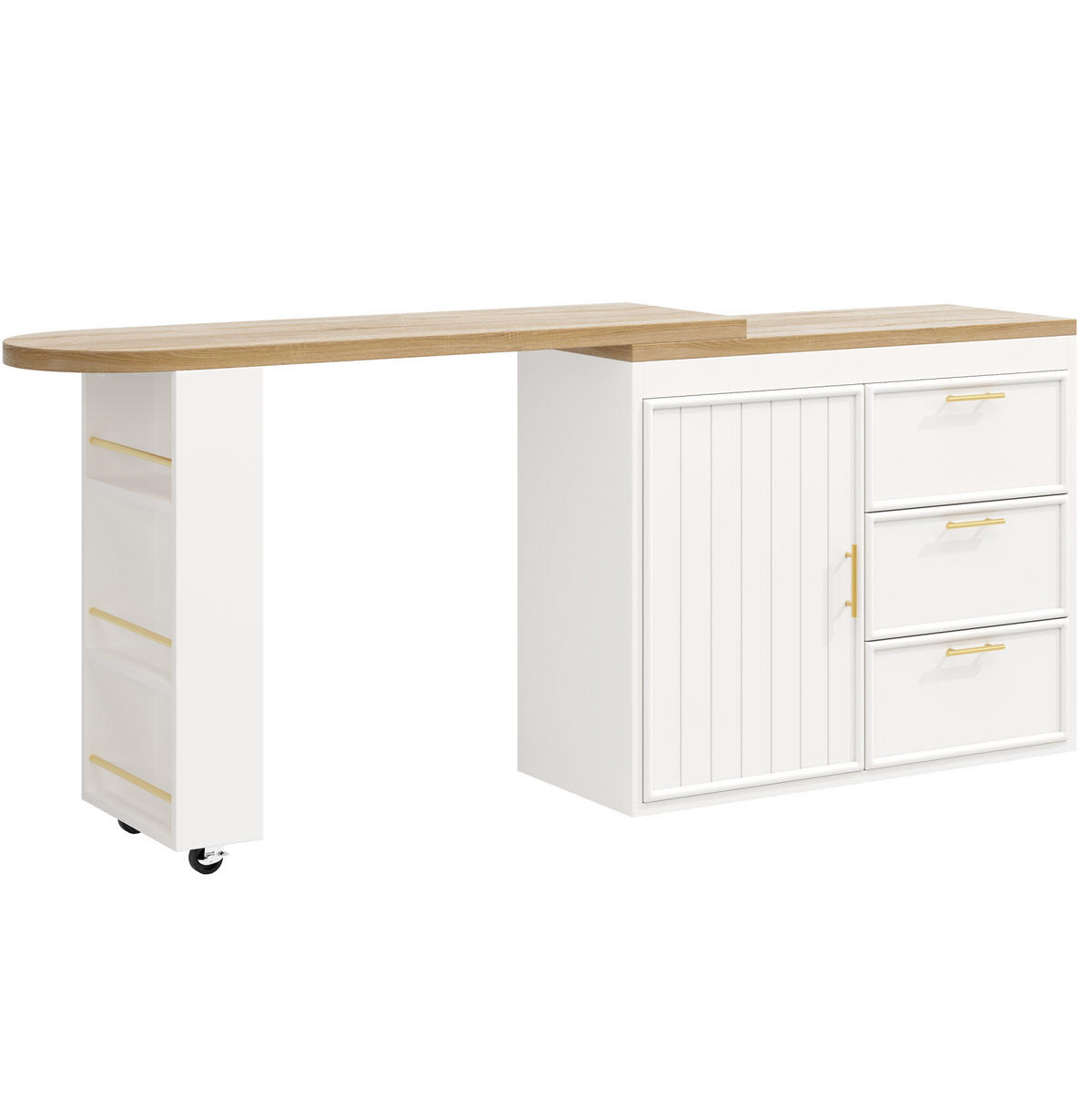 BARTISCH 128-203/39/90 cm mit 360°-Drehfunktion, 3 Schubladen und verstellbaren Regalböden, MDF/Metall, Weiß - Weiß, Holzwerkstoff (39/203/90cm) - Redom