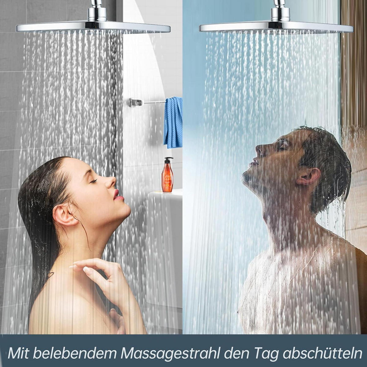 DUSCHKOPF 12 Zoll Quadratisch Chrom mit Wasserfall und Anti-Kalk-Düsen - Silberfarben, Metall (18/12.7/26cm)