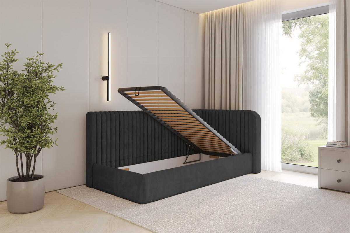 EINZELLBETT Jugendbett mit Bettkasten, Links - AURY 100x200 Schwarz - Schwarz, Holzwerkstoff/Textil (100/200cm) - ALTDECOR