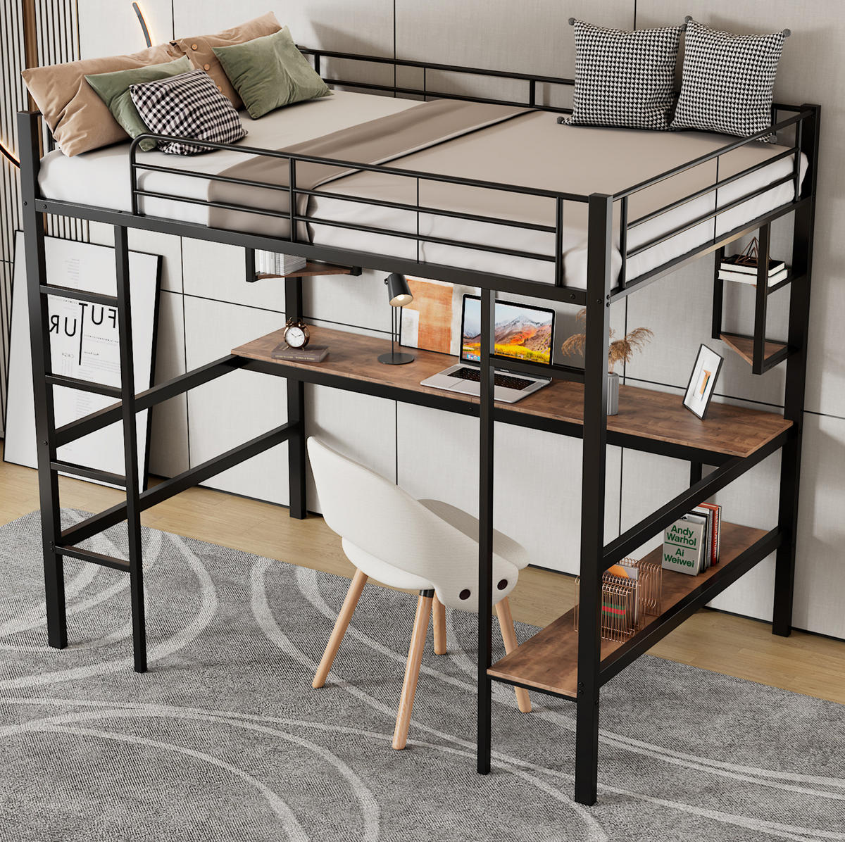 HOCHBETT 90/200 cm Schwarz aus Metall mit Schreibtisch und Regalen - Schwarz, Metall (90/200cm) - OKMYHOME