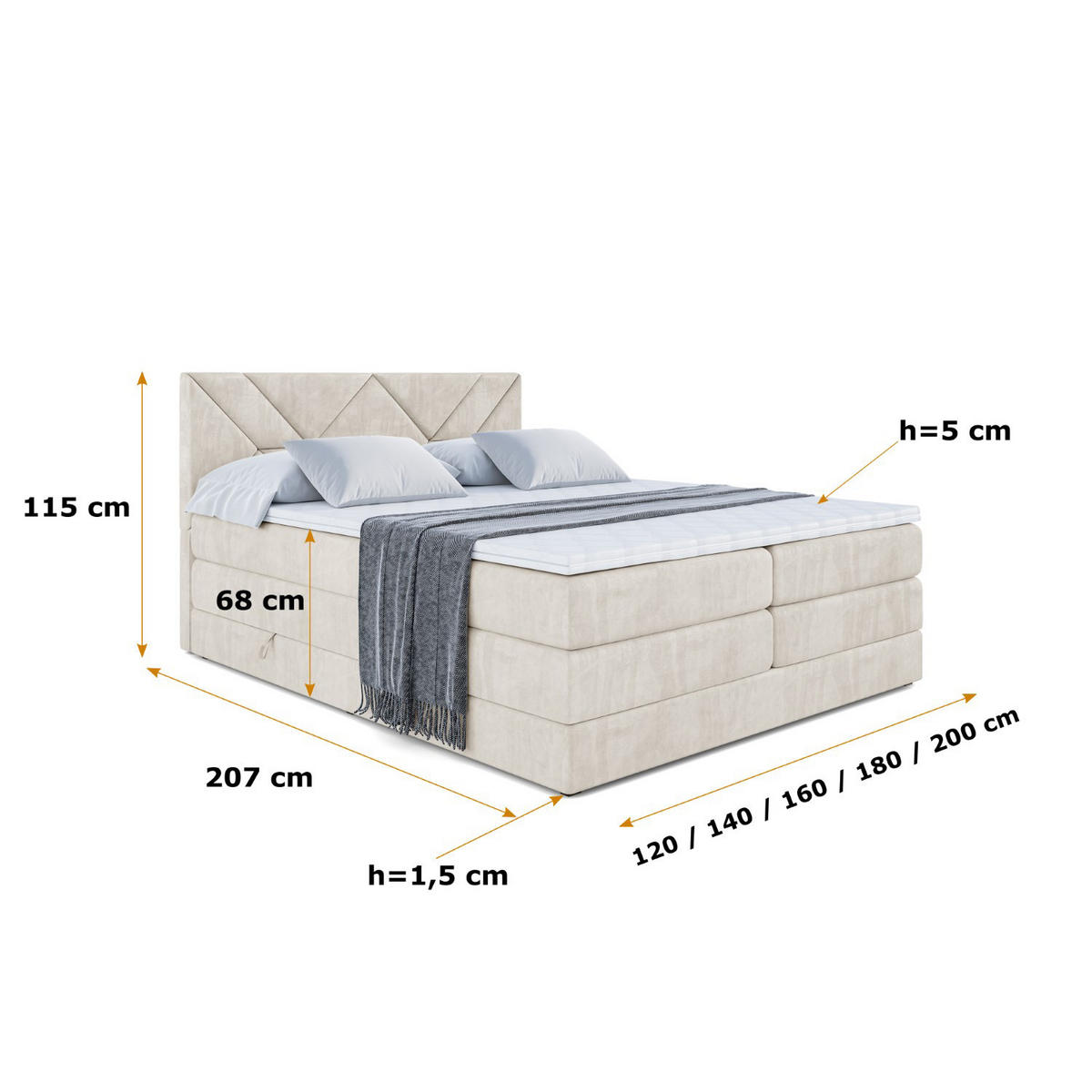 BOXSPRINGBETT BARWA KING - 200x200 - H3/H4 - Creme - Creme, Holzwerkstoff (200/200cm) - ALTDECOR