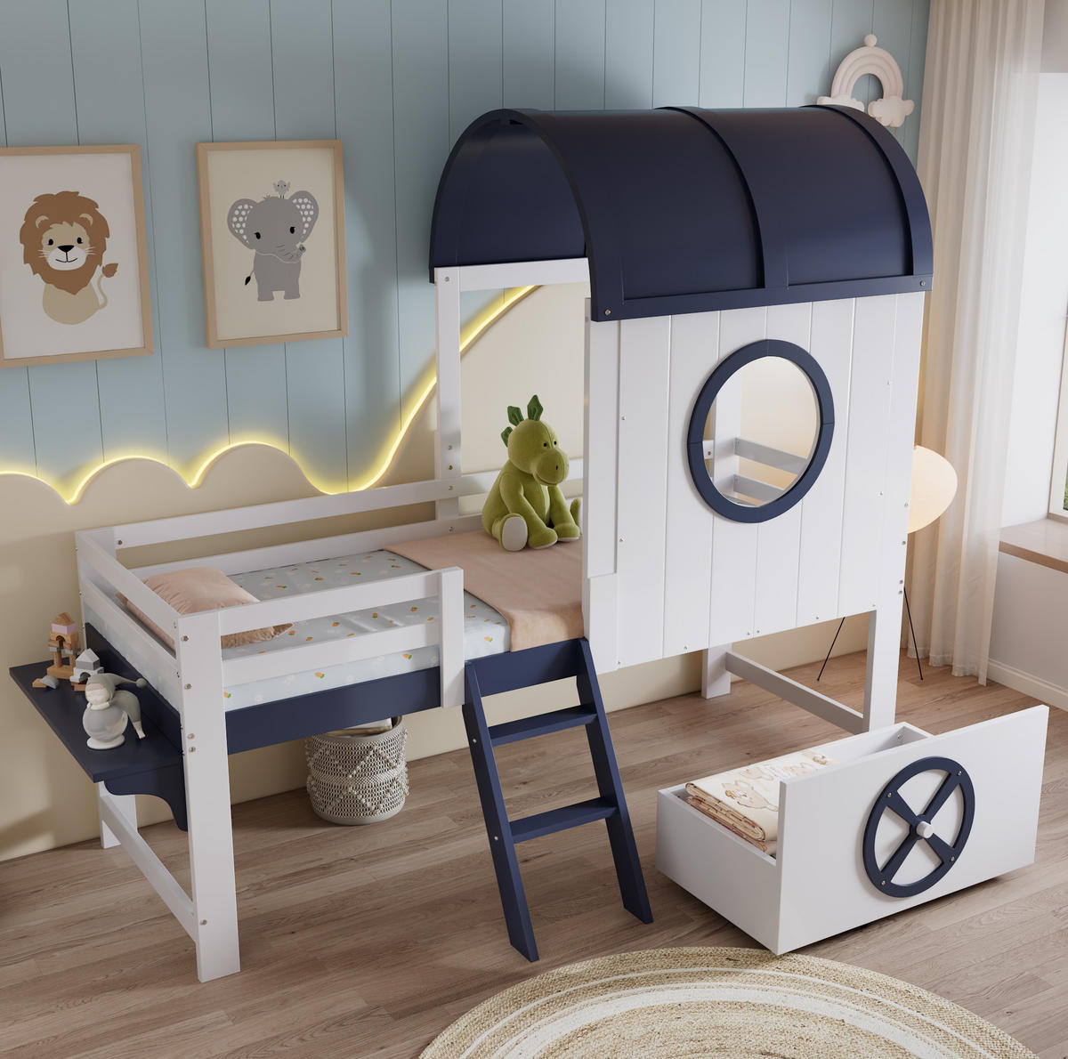 HALBHOHES Kinderbett 90/200 cm mit Dach, Fenster, Schublade und Schrägleiter aus Kiefer/MDF, Weiß/Dunkelblau - Weiß, Holzwerkstoff (90/200cm) - Redom
