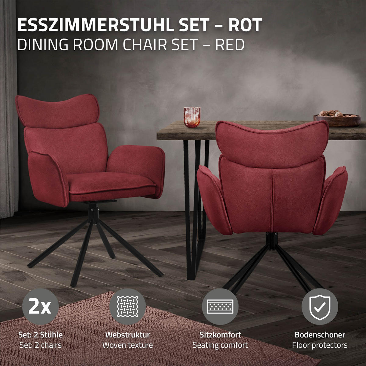 ESSZIMMERSTÜHLE 2er Set drehbar Rot mit Stoffbezug - Rot/Schwarz, Textil/Metall (63/89/68cm) - ML-DESIGN